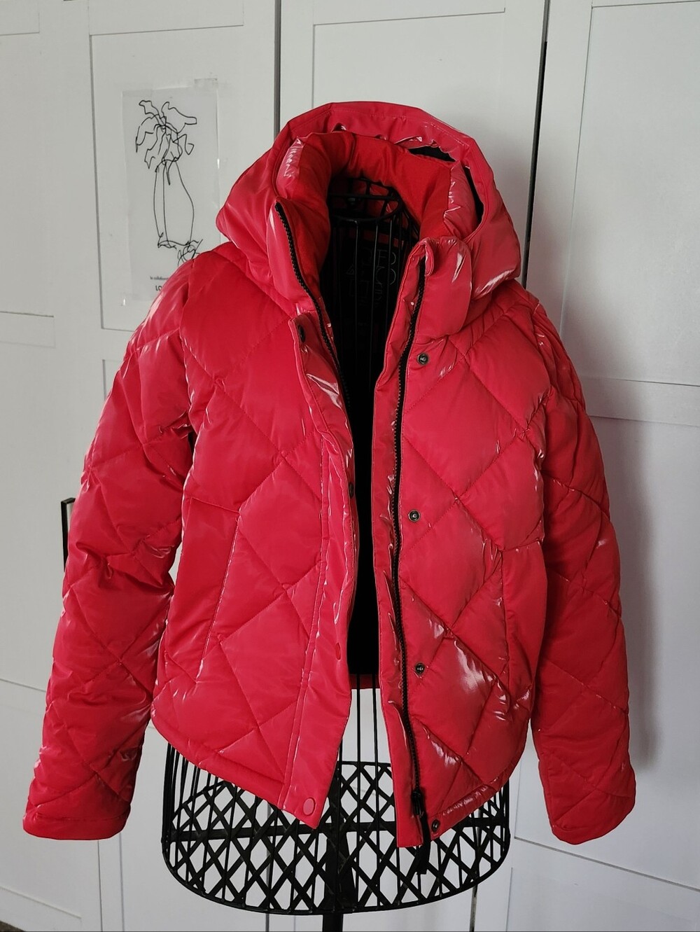 Women's Red Shiny Quilted Puffer Jacket with Hood and Pockets Sz Xs
